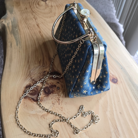 Gold Embossed Star Denim Crossbody Handbag - Picture 10 of 11